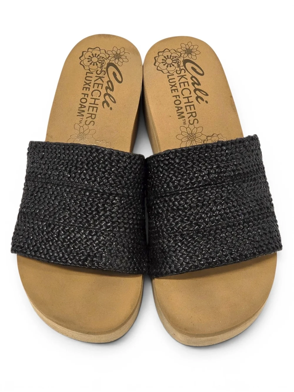 Cali from Skechers Luxe Foam Black Woven Wedge Sandals - Size 8 EUC
